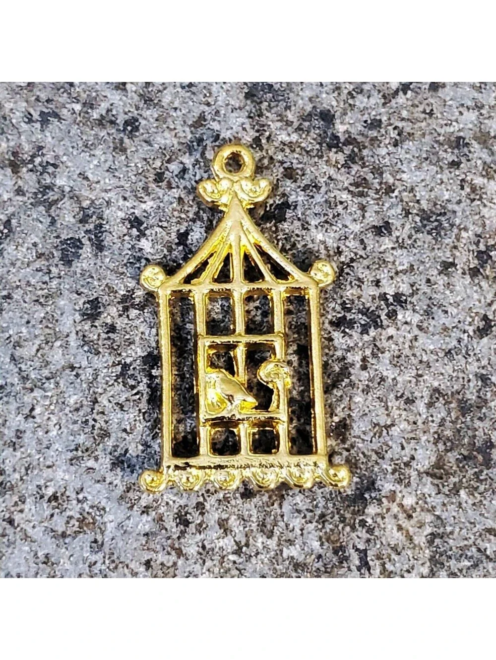Gold 14K Plated Pewter Art Deco Nouveau Bird & Cage Pendants 29x18mm 2 pcs